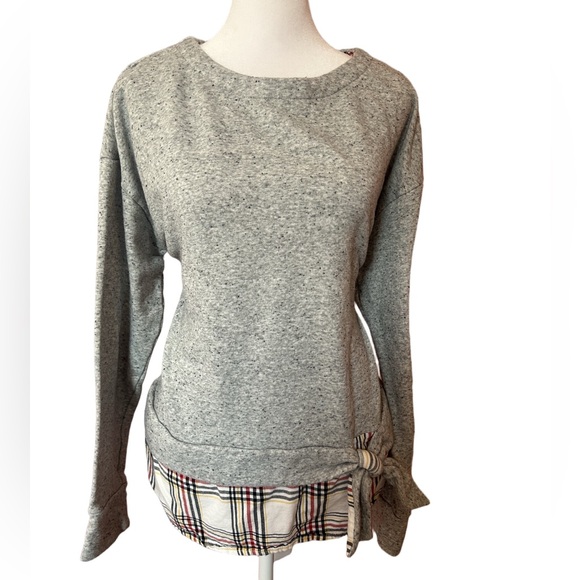 IZOD heathered sweatshirt with a faux layered plaid hem and a front tie detail L - Picture 4 of 8